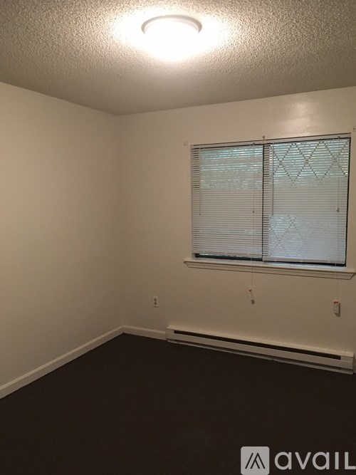 A room with a window and a light on the ceiling.