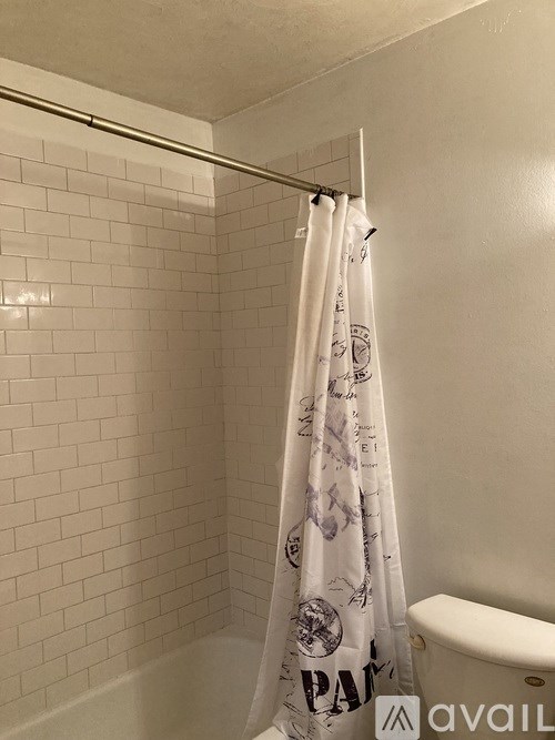 A white shower curtain with the word "PAN" on it hangs in a bathroom.
