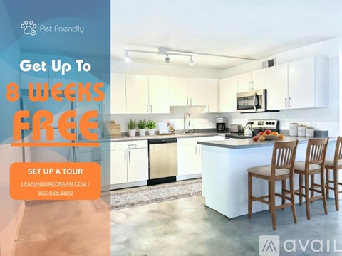 A modern kitchen with a promotion for a free first month for moving in.