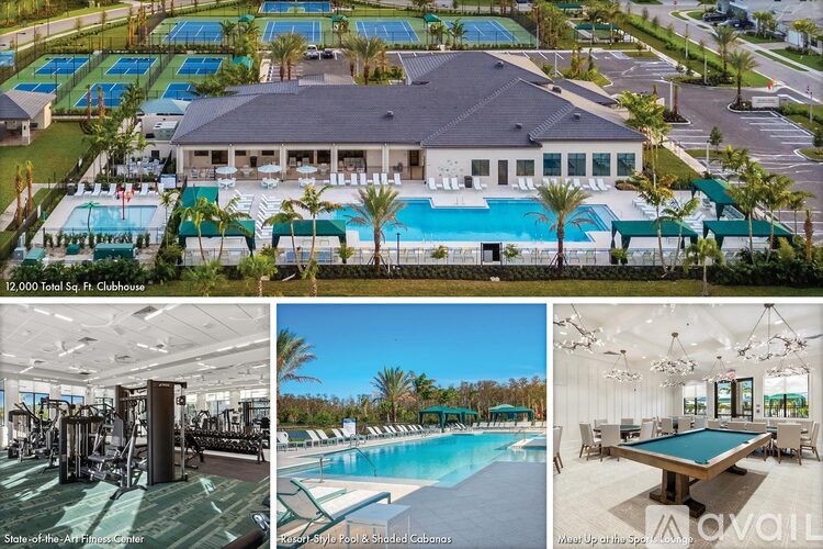 A collage of images showcasing a clubhouse, gym, pool, and billiards room.