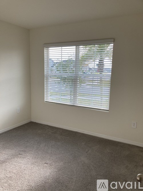 A room with a carpeted floor and a window with blinds.