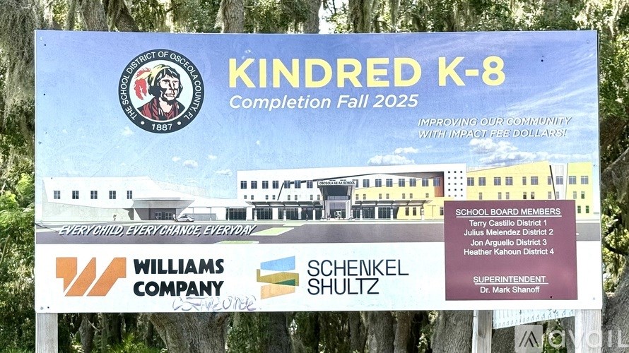 A sign for the K-8 completion in Fall 2025 is displayed outdoors.