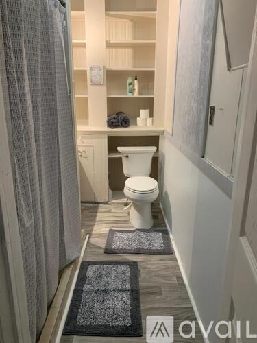 A white toilet in a bathroom with a grey rug in front of it.