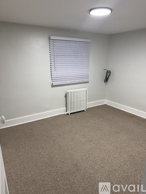 A carpeted room with a window and a radiator.