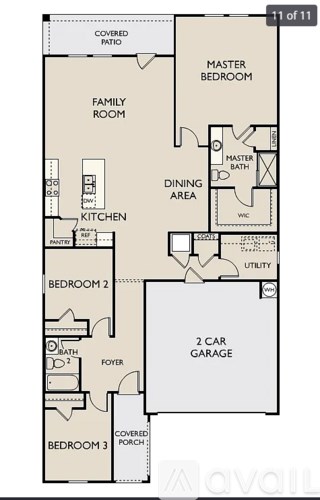 A floor plan of a house with a garage and three bedrooms.