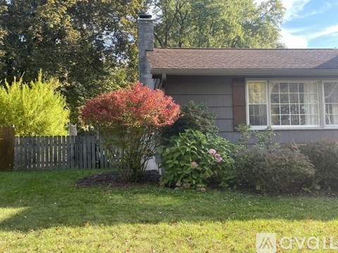 A house with a red bush in front.