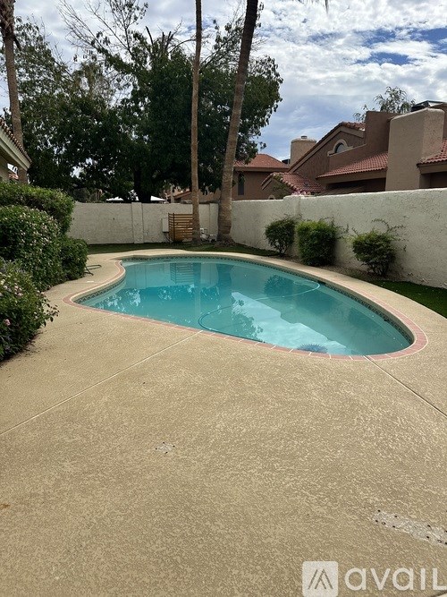 A small pool surrounded by a concrete patio and a white wall.