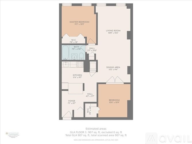 A floor plan of an apartment with a master bedroom, living room, dining area, kitchen, bathroom, and two bedrooms.