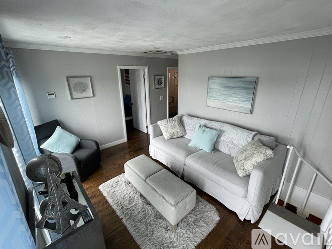 A living room with a white couch and a grey rug.