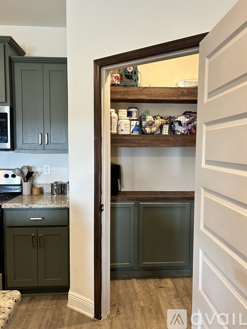 A kitchen with dark green cabinets and a white door.