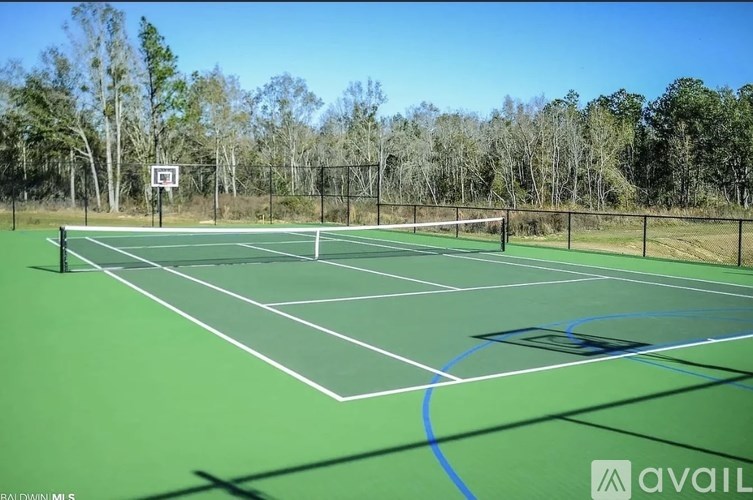 A tennis court with a net and a hoop.