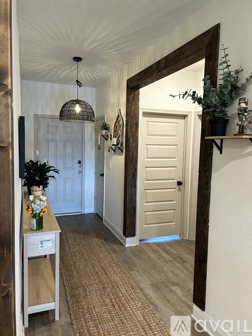 A hallway with a white door and a plant on the side table.