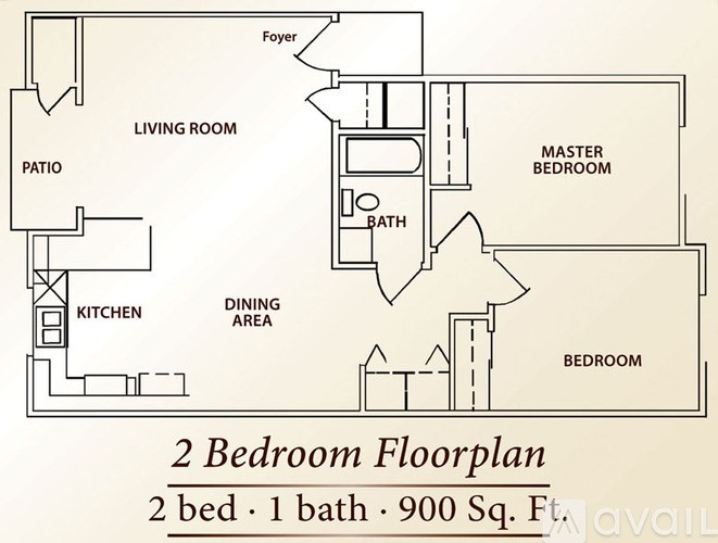 A floor plan of a 2 bedroom apartment with a living room, dining area, kitchen, and bathroom.