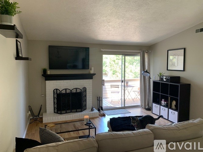 A living room with a fireplace, a television, and a couch.