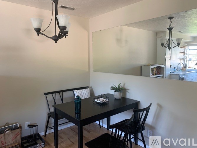 A black dining table with four chairs and a potted plant on it.