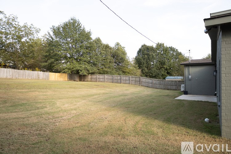 A backyard with a fence and a tree.