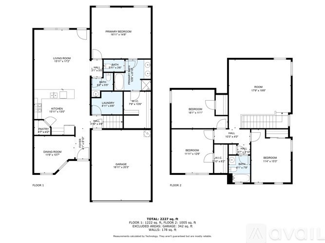 A floor plan for a two-story home with a living room, dining room, kitchen, and multiple bedrooms.