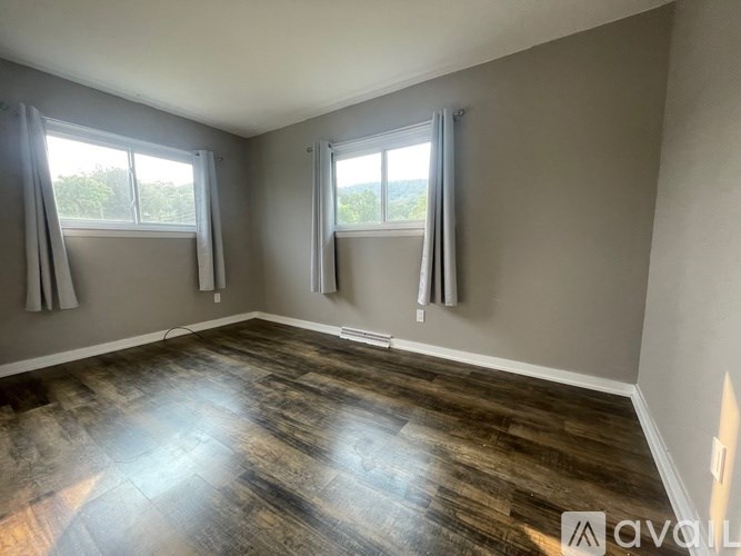 A room with wooden flooring and two windows with curtains.