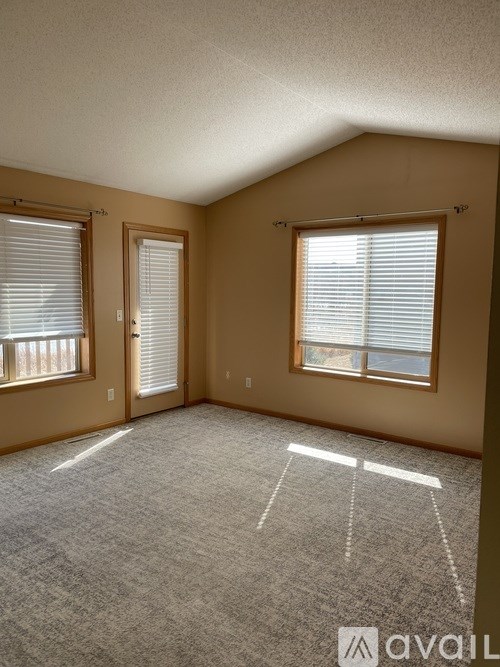 A room with a carpeted floor and two windows with blinds.