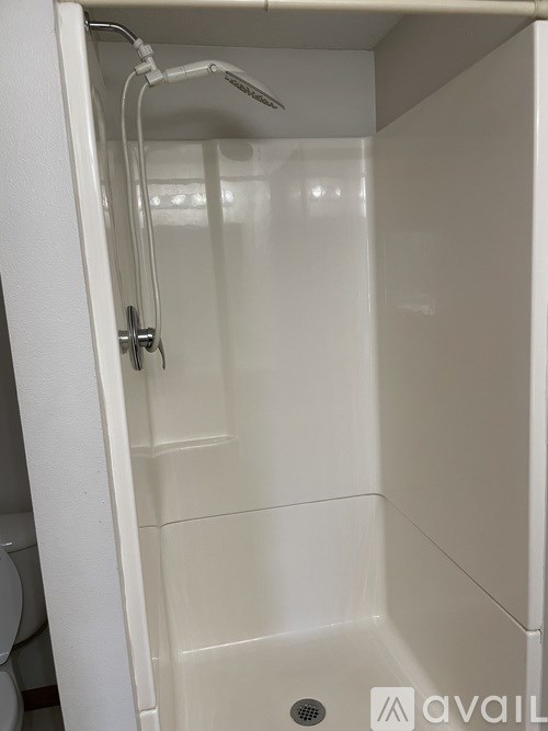 A white bathroom with a shower stall and a toilet.