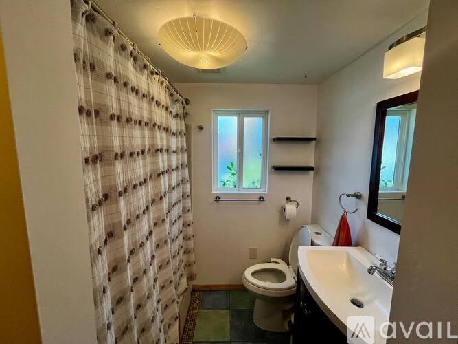 A bathroom with a toilet, sink, and shower curtain.