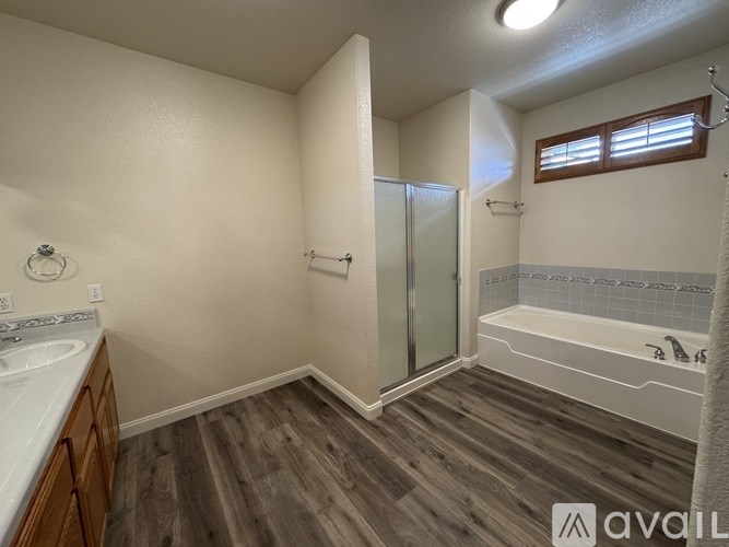A bathroom with a walk-in shower and a sink.