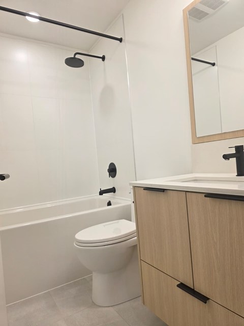 A white toilet sits next to a bathtub in a bathroom.