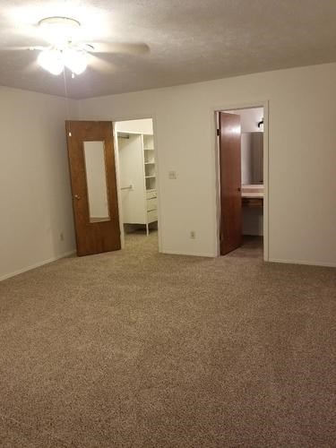 A room with a carpeted floor and a ceiling fan.