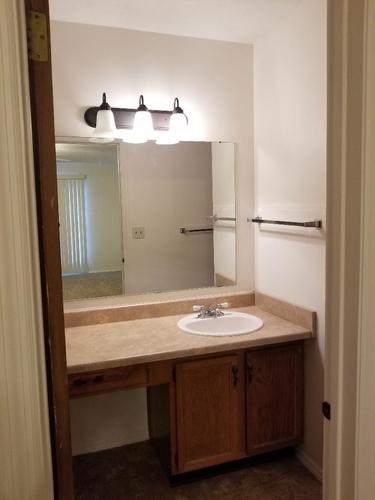 A bathroom with a sink and mirror.