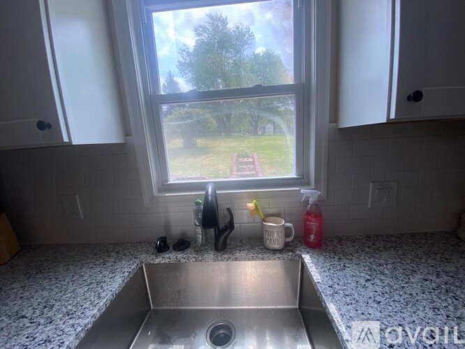 A kitchen with a window overlooking a backyard.