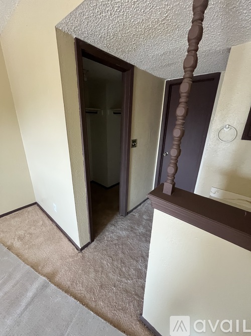 A room with a brown door and a carpeted floor.