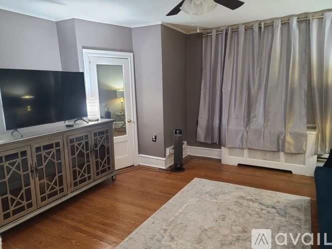 A living room with a television, a rug, and a fan.
