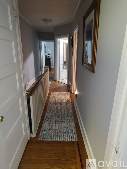 A hallway with a rug on the floor and a door on the left.