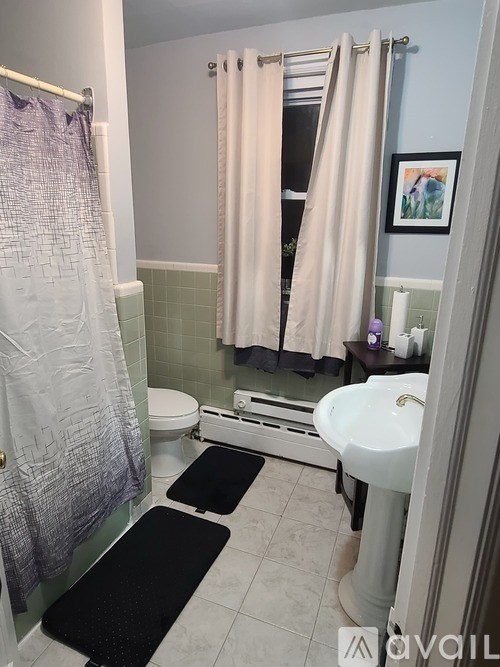A bathroom with a toilet, sink, and shower curtain.