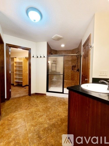 A bathroom with a sink, mirror, and shower.