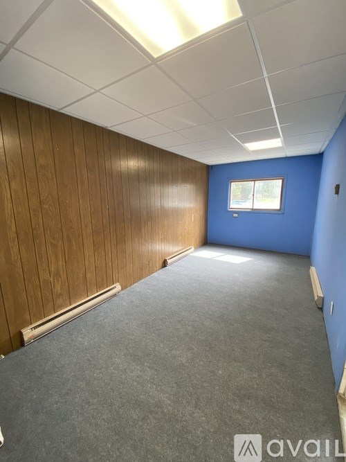 A room with wooden paneling and a carpeted floor.