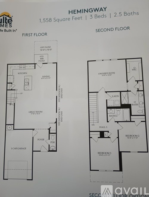 A floor plan for a 1,558 square foot, 3 bedroom, 2.5 bathroom home by Avail.