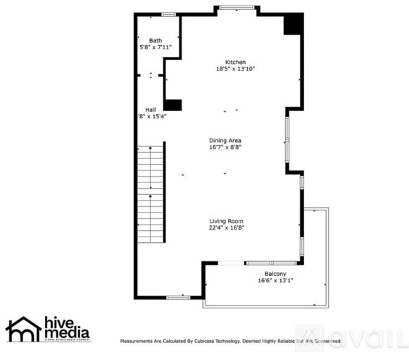 A floor plan for a home with a living room, dining area, kitchen, and bathroom.