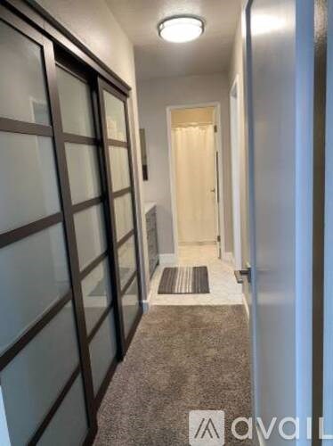 A hallway with a carpeted floor and a door at the end.