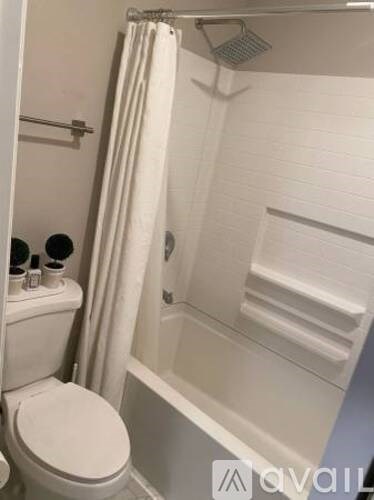 A white bathroom with a toilet, shower, and a white shower curtain.