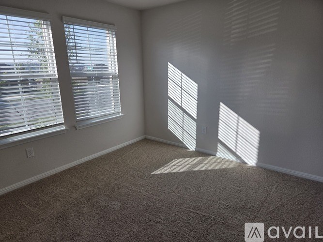 A room with carpeted floor, two windows with blinds, and a wall with a switch.