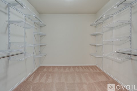 Empty room with shelves and carpeted floor.