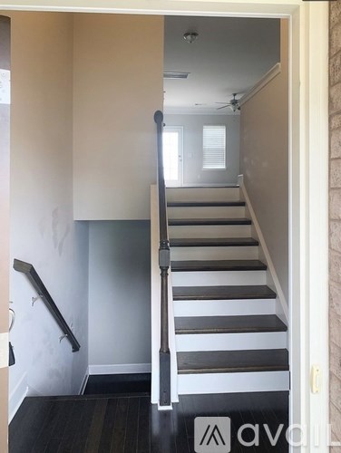 A staircase with a black and white striped runner.
