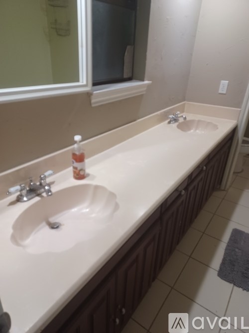 A bathroom with two sinks and a mirror.