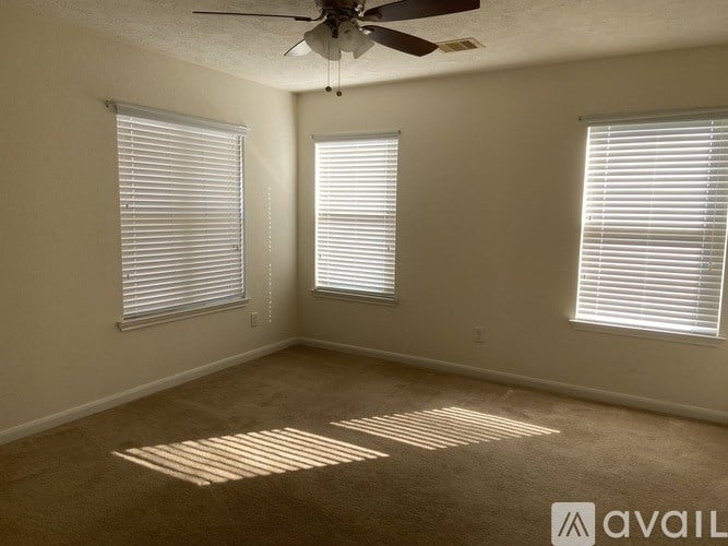 A room with a ceiling fan and two windows letting in sunlight.