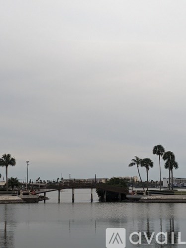 A body of water with a bridge and palm trees in the background.