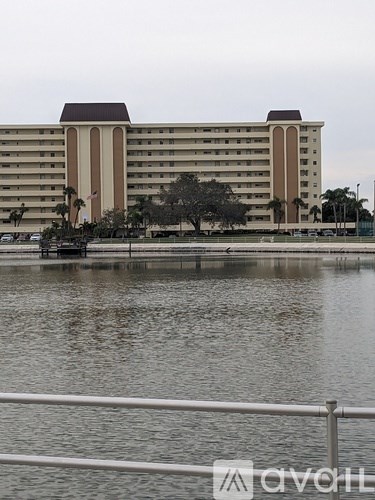 A large building with a flag on it is behind a body of water.