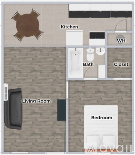A floor plan of a small apartment with a living room, bedroom, kitchen, bathroom, and closet.