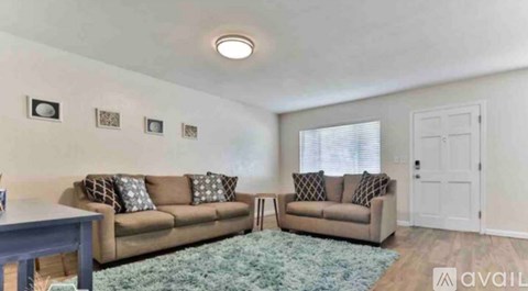 A living room with two couches and a rug.