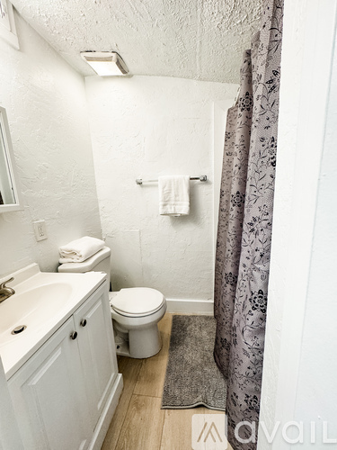 A white bathroom with a toilet, sink, and shower curtain.